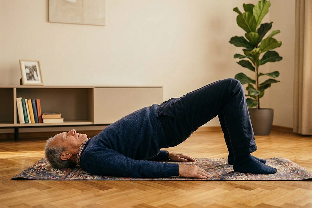 Vue de profil d'un senior allongé sur le dos sur un tapis de sol, soulevant son bassin vers le plafond en poussant sur ses talons pour réaliser l'exercice du pont fessier, illustrant le renforcement musculaire doux.