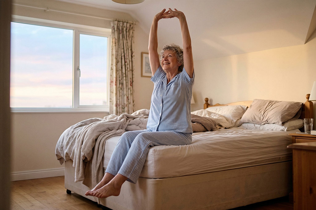 Senior souriant en pyjama, assis au bord de son lit au petit matin, s'étirant amplement les bras vers le plafond de manière très naturelle et intuitive pour réveiller son corps.