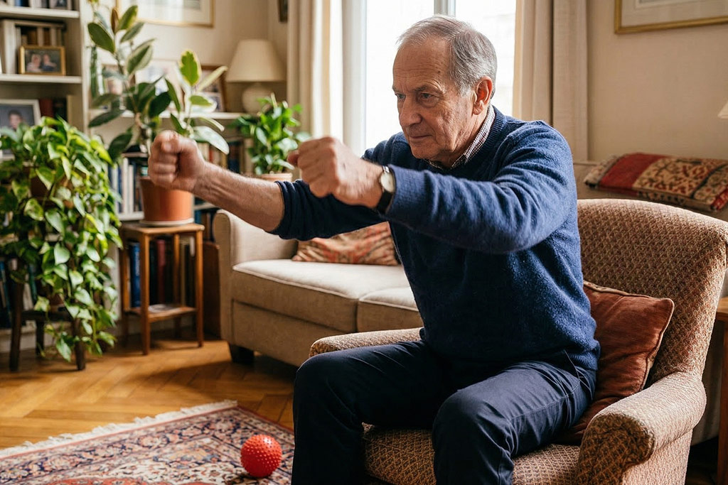 Homme senior se levant d'une chaise de manière très dynamique et explosive, le dos droit et le regard vif, illustrant la puissance musculaire et la vivacité retrouvée.