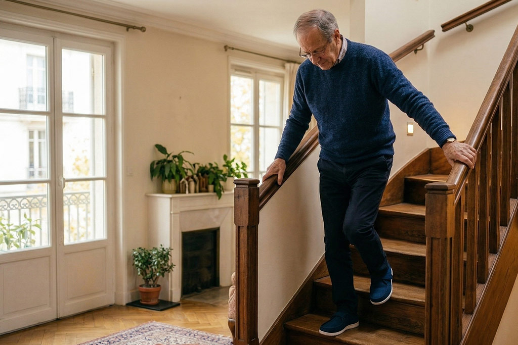 Senior descendant un escalier avec prudence