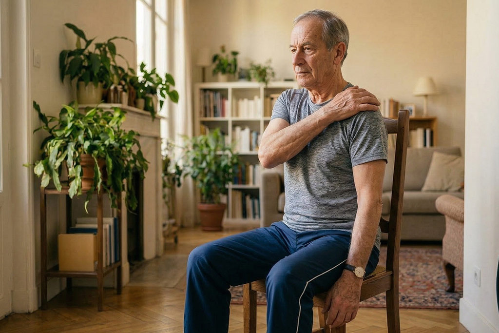 Senior en tenue de sport confortable réalisant une rotation lente et contrôlée de l'épaule en gardant le dos droit, assis sur une chaise, illustrant la mobilité active et le contrôle articulaire.