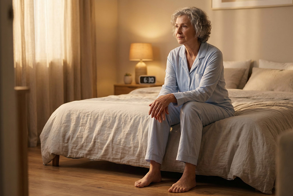 Femme senior rassurée, assise au bord de son lit au petit matin, regardant un point fixe devant elle avec les deux pieds bien ancrés au sol pour stabiliser son équilibre.